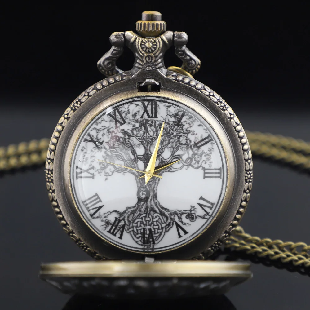 Steampunk Vintage Tree of Life Bronze Quartz Pocket Watch Fashion Necklace Pendant Chain Jewelry Gift Clock for Men Women