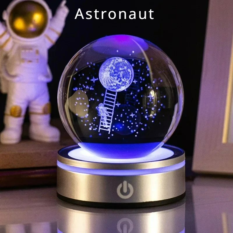 Crystal Ball Night Lights Glowing Planet Galaxy Astronaut 3D RGB Moon Table Lamp Atmosphere Lamp Tabletop Decorations Kid Gifts