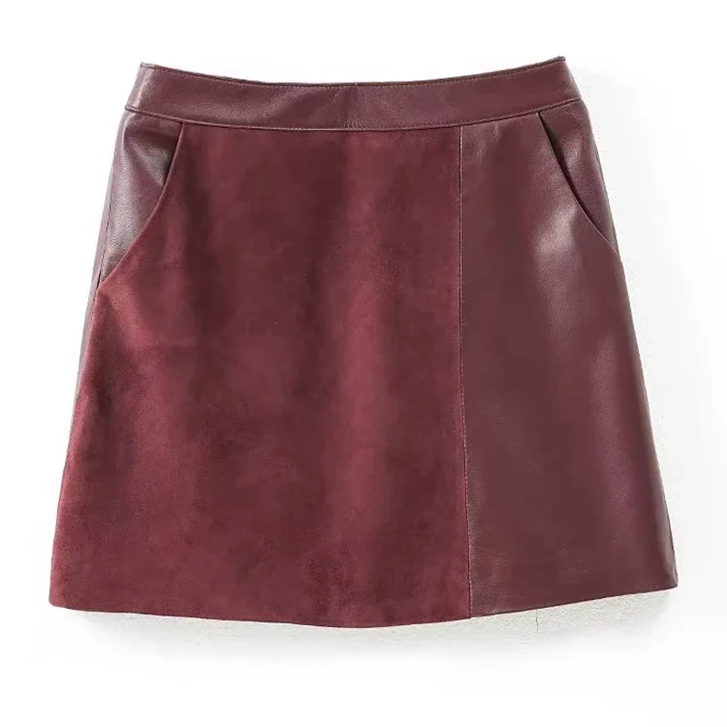 ผู้หญิงเด็กหนังเสื้อผ้า Suede Lambskin Patchwork สั้น Falads หญิง A-Line ไม่สมมาตร SLIM FIT กระโปรงมินิสีแดง Jupe Femme