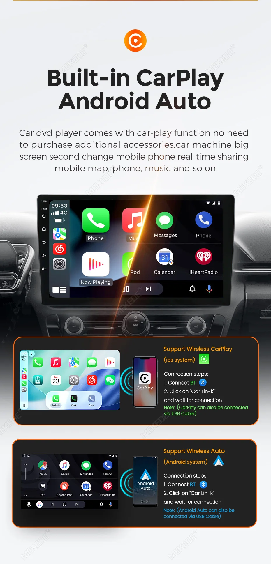 MEKEDE 9/10 Inch Car Multimedia Player 8-Core 4+64GB Wireless CarPlay Android Auto For Nissan Hyundai Kia Toyota QLED Screen