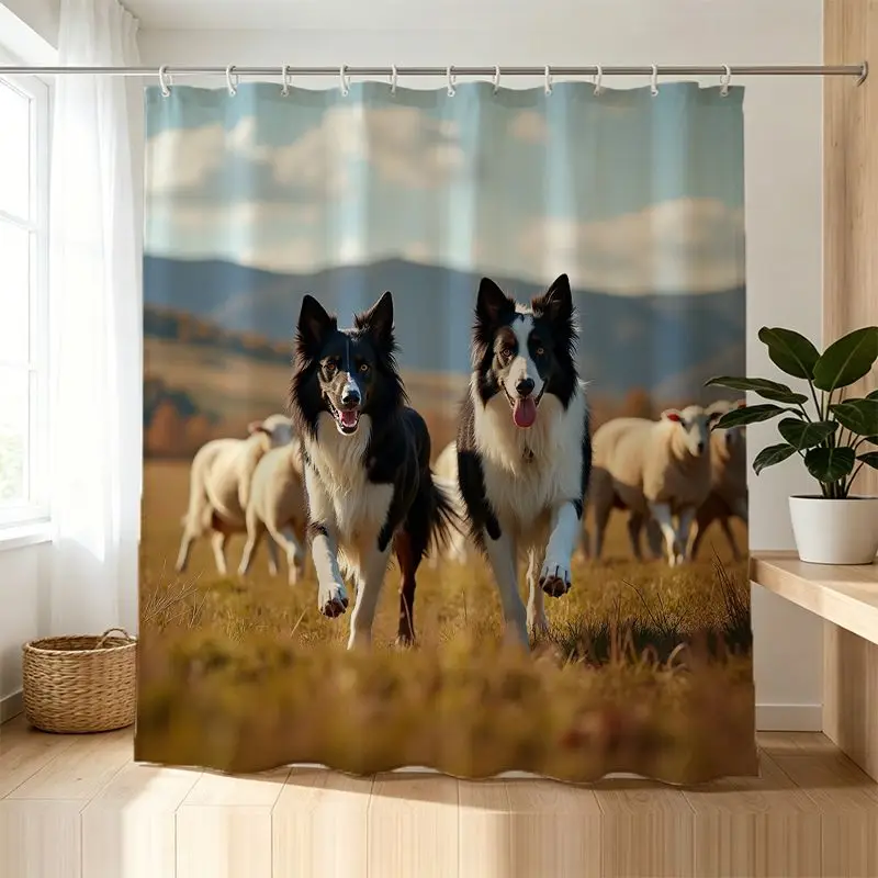 Large Waterproof Dog Print Shower Curtain Border Collie Puppy Animal Theme Bathroom Decor Pet Lover Gift Idea Natural Scene