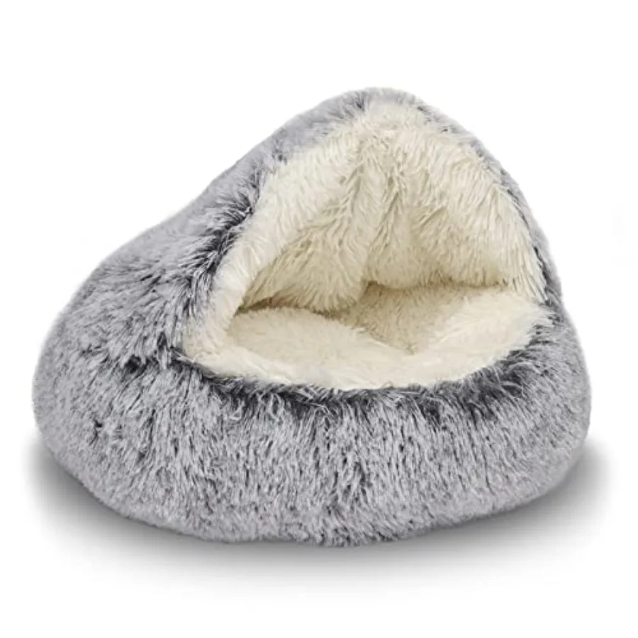 Round Plush Fluffy Hooded Cat Bed Cave Cozy for Indoor Cats or Small Dogs Soothing Anti-anxiety Pet Bed with Waterproof Washabl