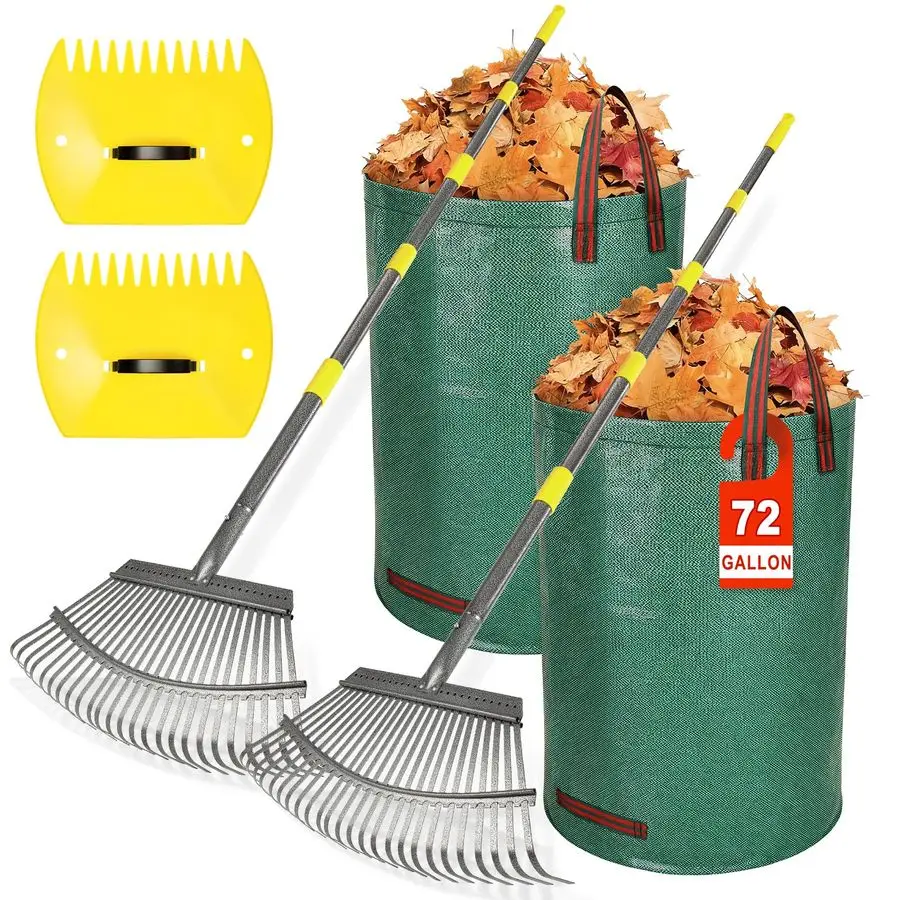 

Pack Garden Rake for Leaves 18 Wide Heavy Duty Rakes for Lawns with 72 Gallon Leaf Bags and Scoops, Metal Leaf Rake Set with73 A