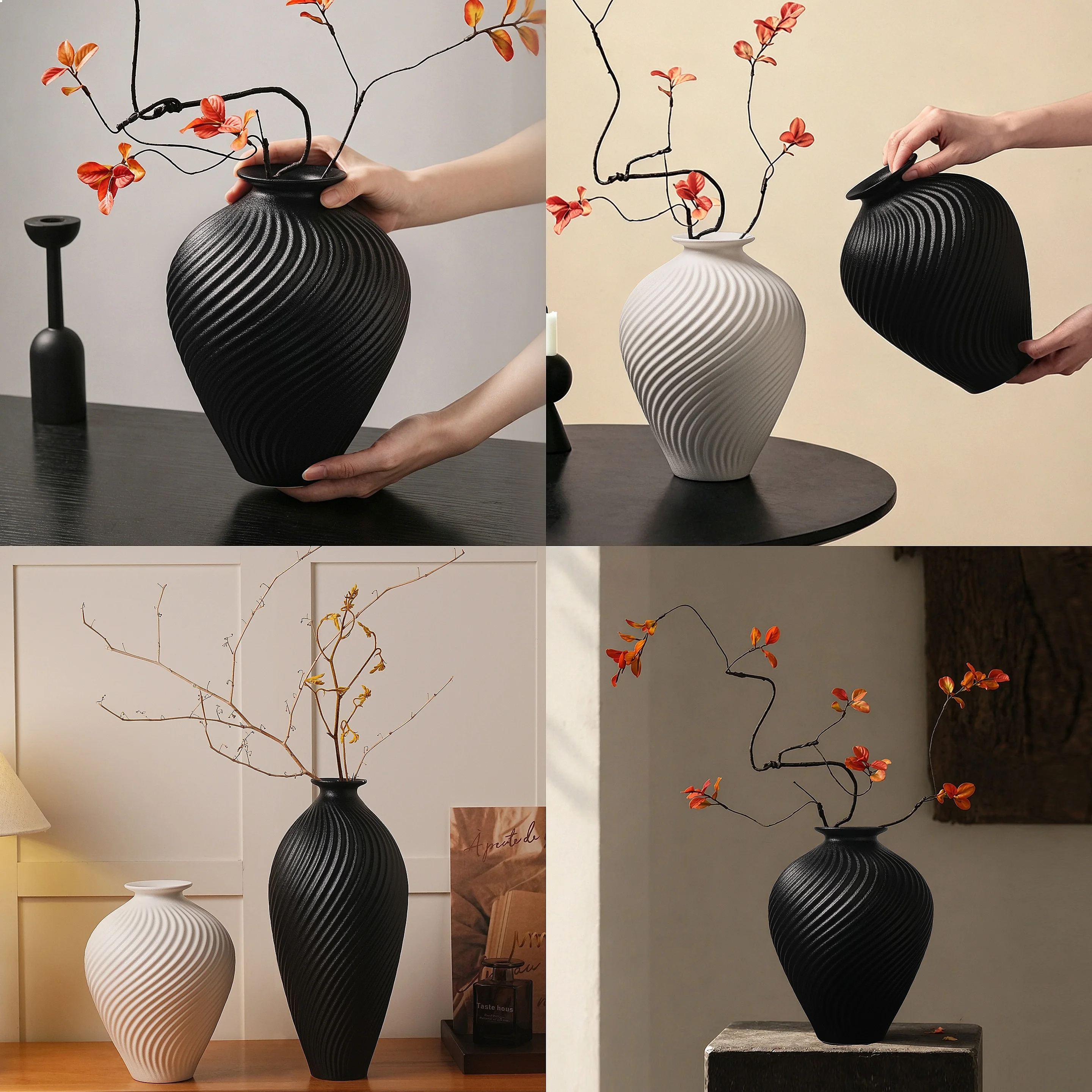 Black Spiral Pattern Ceramic Vase Wabi-Sabi Style Home Decor Table Centerpiece for Living Room