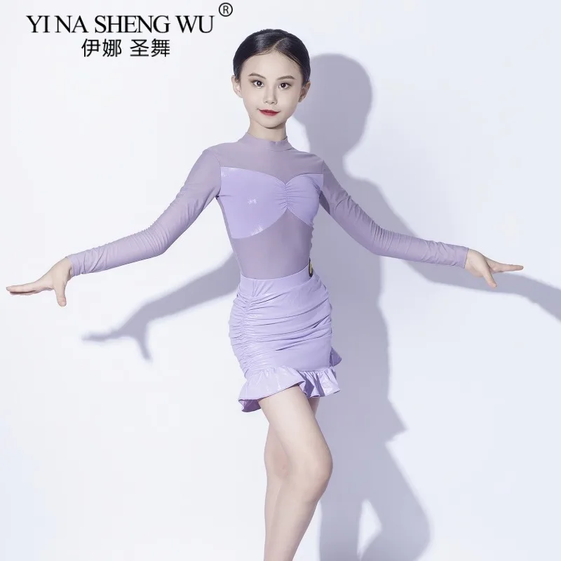 ชุดเต้นลาตินสีม่วงสำหรับเด็กผู้หญิง แขนยาว ผ้าตาข่าย ชุดจั๊มสูทและกระโปรง ชุดแสดงและฝึกซ้อมเต้นลาติน ชะชะช่า รุมบ้า