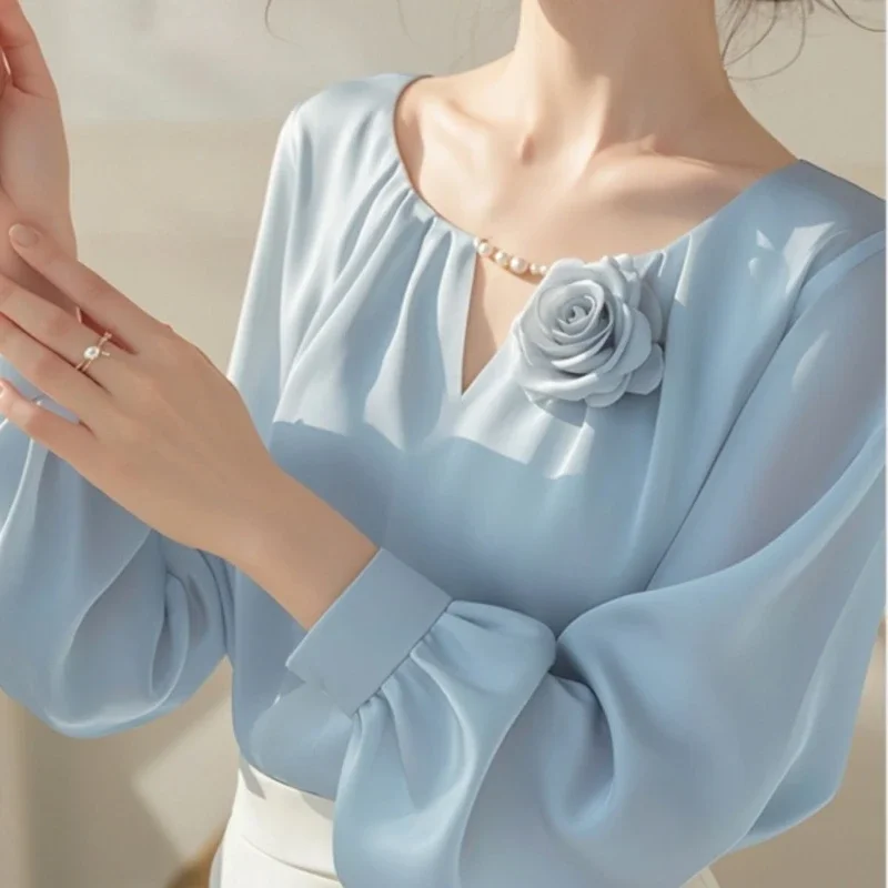 

Chiffon Top Unique and Beautiful Small Shirt French Style Light Luxury High-end Feeling Blue Long Sleeved Shirt for Women XQ180