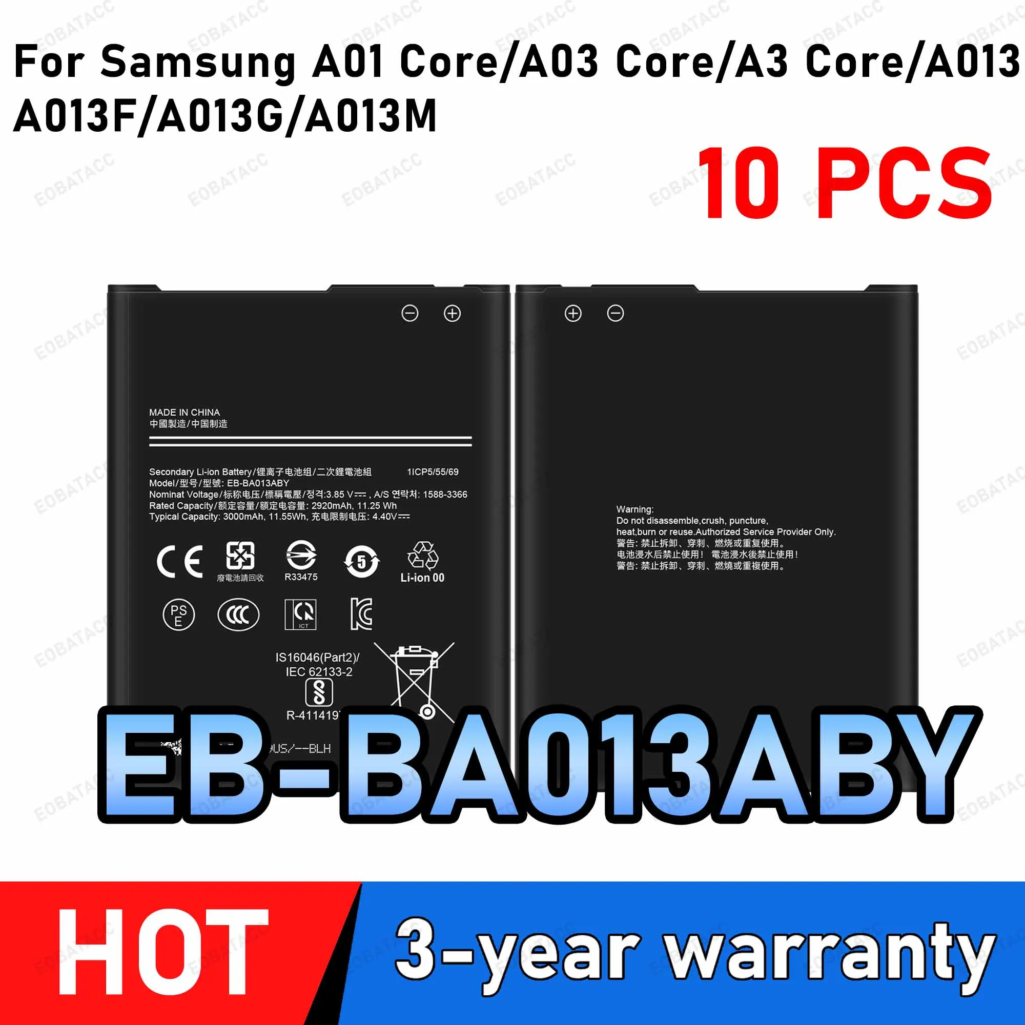 10Pcs EB-BA013ABY 3000mAh Battery For Samsung Galaxy A01 Core A3 Core SM-A013F SM-A013D SM-A013G SM-A013M