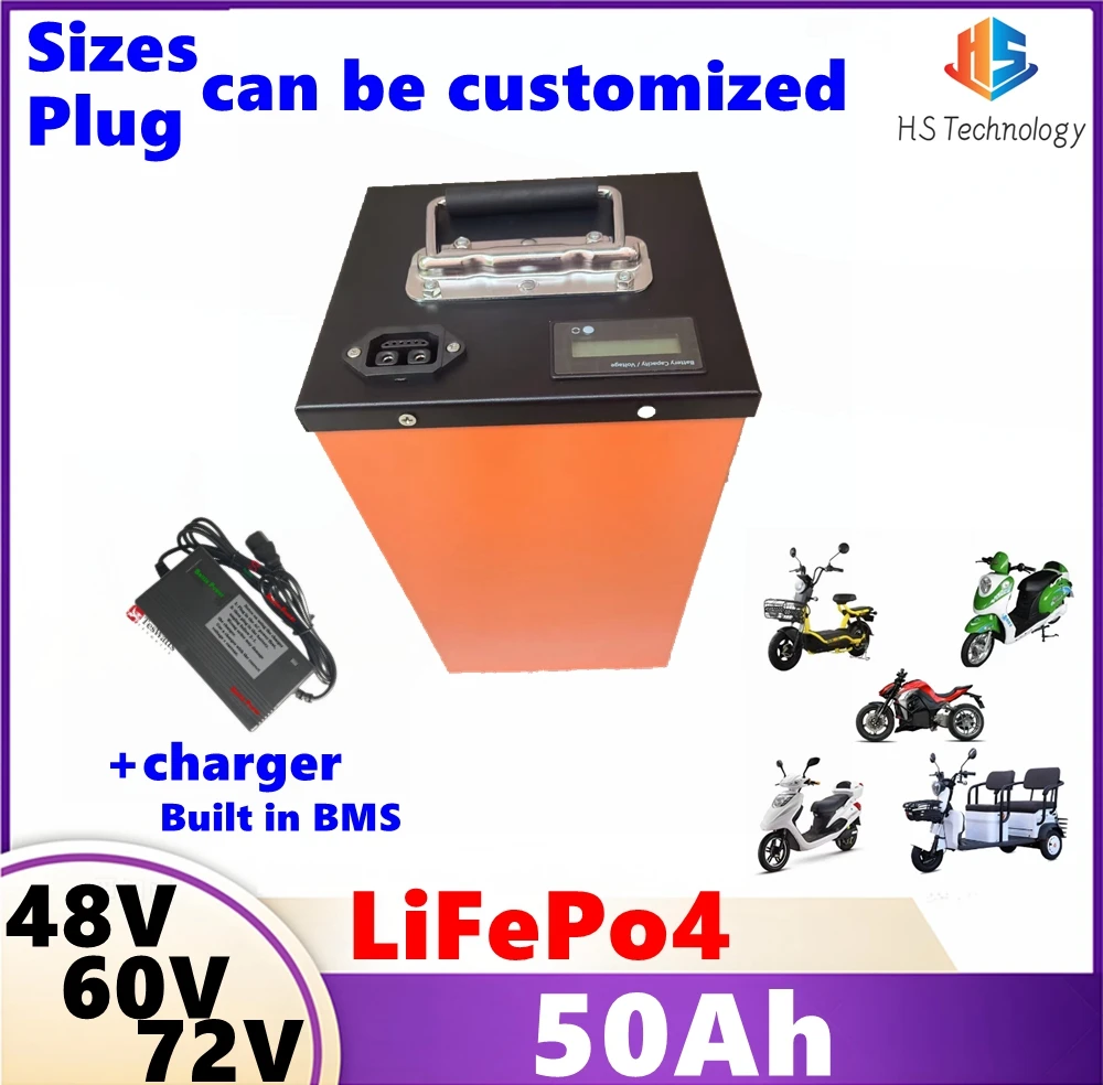 

LiFePO4 48V 60V 72V 50Ah Lithium Battery Pack Scooter Motorcycle Built-in BMS For 2000W 3000W 5000W Electric tricycle Cart mower