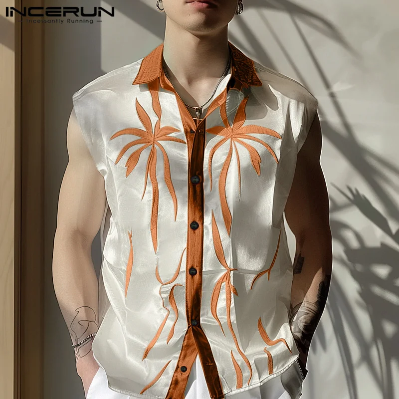 INCERUN Men\'s Shirt Lapel Sleeveless Button Printing Patchwork Casual Men Clothing Streetwear 2024 Summer Fashion Shirts S-5XL