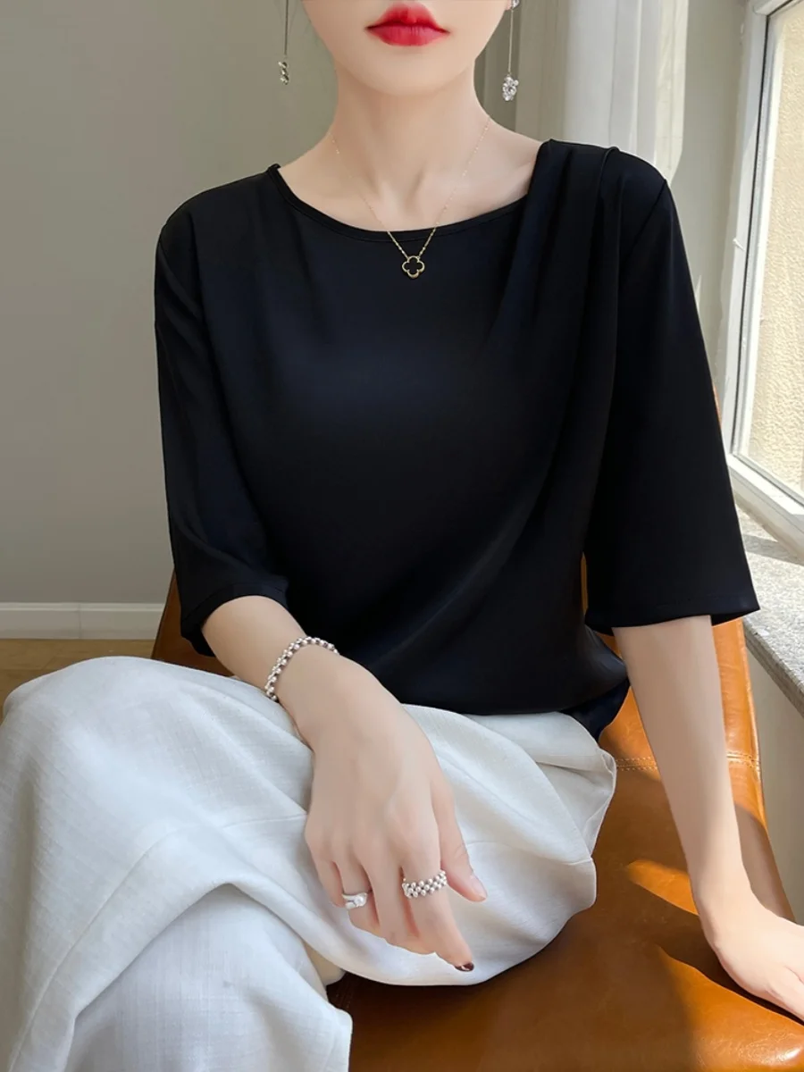 Seidensatin rund Ne f Sve Damen T-Shirt glatt plissiert Sommer New Faion dünne Oberbekleidung lässig Pendeln Sle