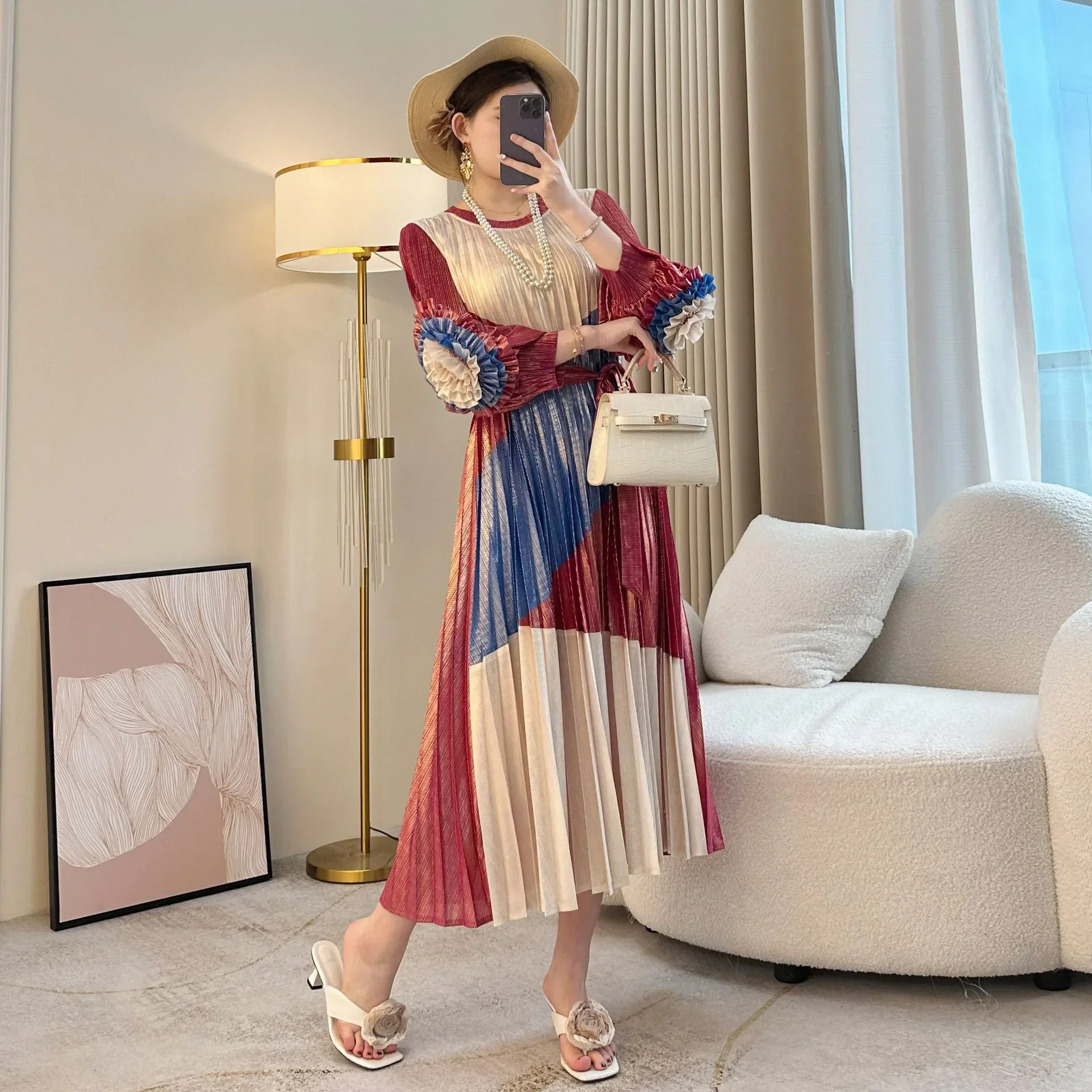 

Miyake Pleated Dress for Women 2025 New Hand-cranked Flower Geometric Printed Round Neck Lantern Sleeve Elegant Pleated Skirt