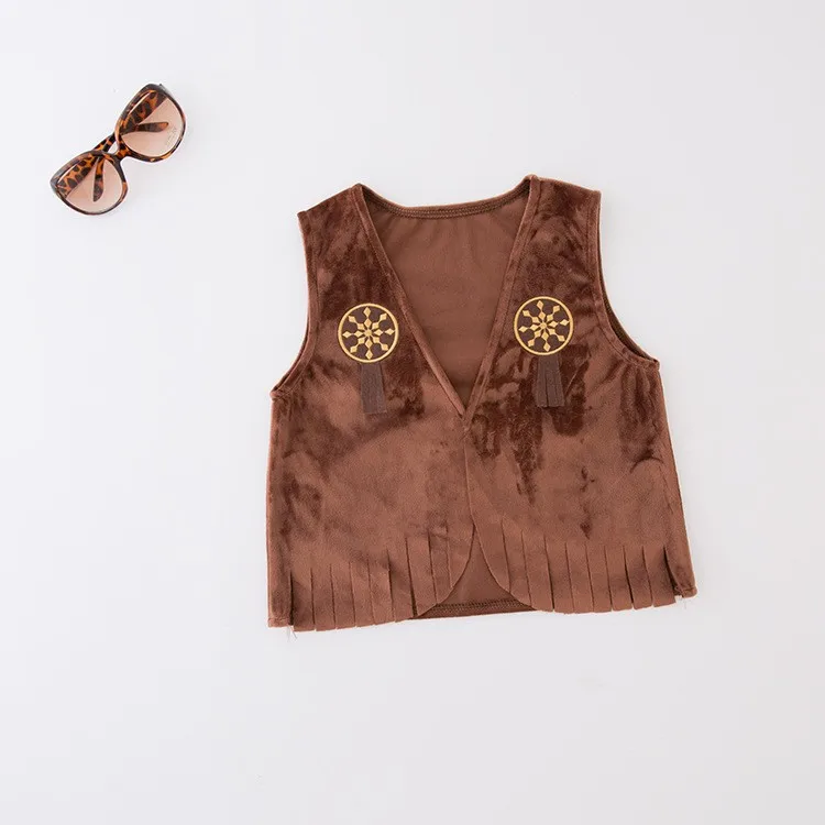 Kids Cowboy Brown Fleece Cowboy Vest with Bandanna & Hat Set Children Western Role Play Costume Holiday Party Performance Outfit view 4