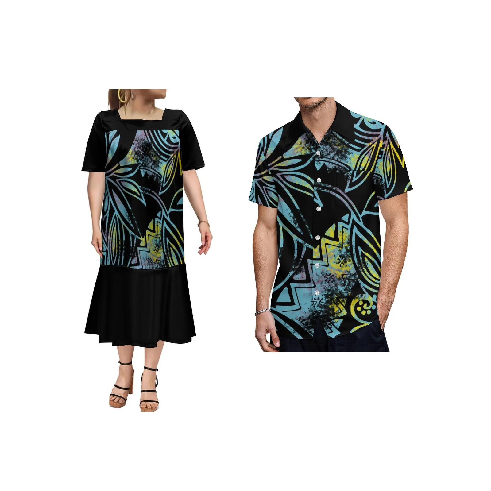 

Islander Print Men's Shirt MUMU Ruffle Design Women's Casual Ethnic Long Dress Free Customized Couple's Clothing