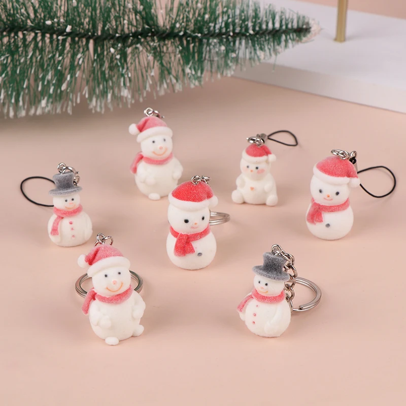 Flocking Christmas Key Chain Cute Snowman Phone Chain Pendant Earphone Case Anti-Lost Lanyard Bag Decor