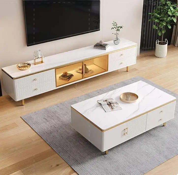 #New Design Solid Wood Tv Stand With Storage Drawer Hotel Villa Glass Door Tv Stand Modern Rock Slab Tv Stand Coffee Table Set