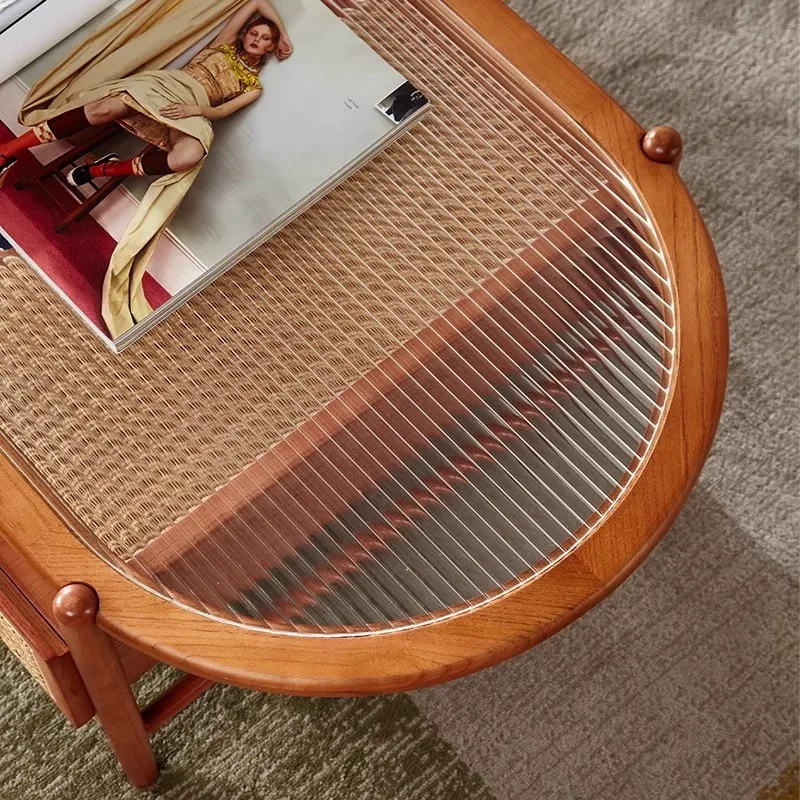 American Modern Solid Wood Eco-Friendly Durable Coffee Table Exquisite Oval Shape Rattan Weaving Small-Sized Home Use Living