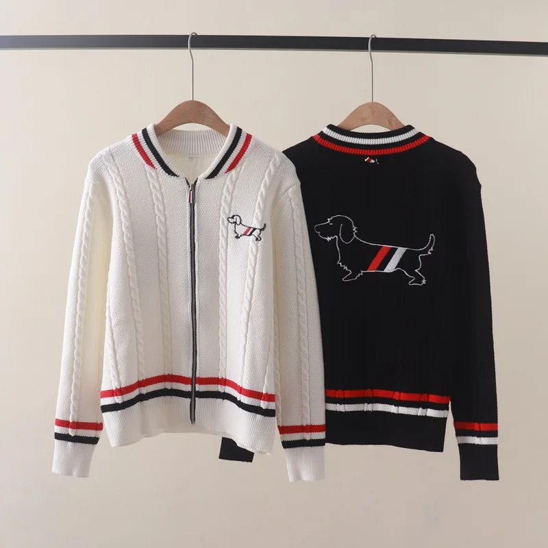 

Autumn and Winter New Preppy Style Striped Contrast Color Baseball Collar Front and Rear Puppy Embroidery Long Sleeve Zipper Swe