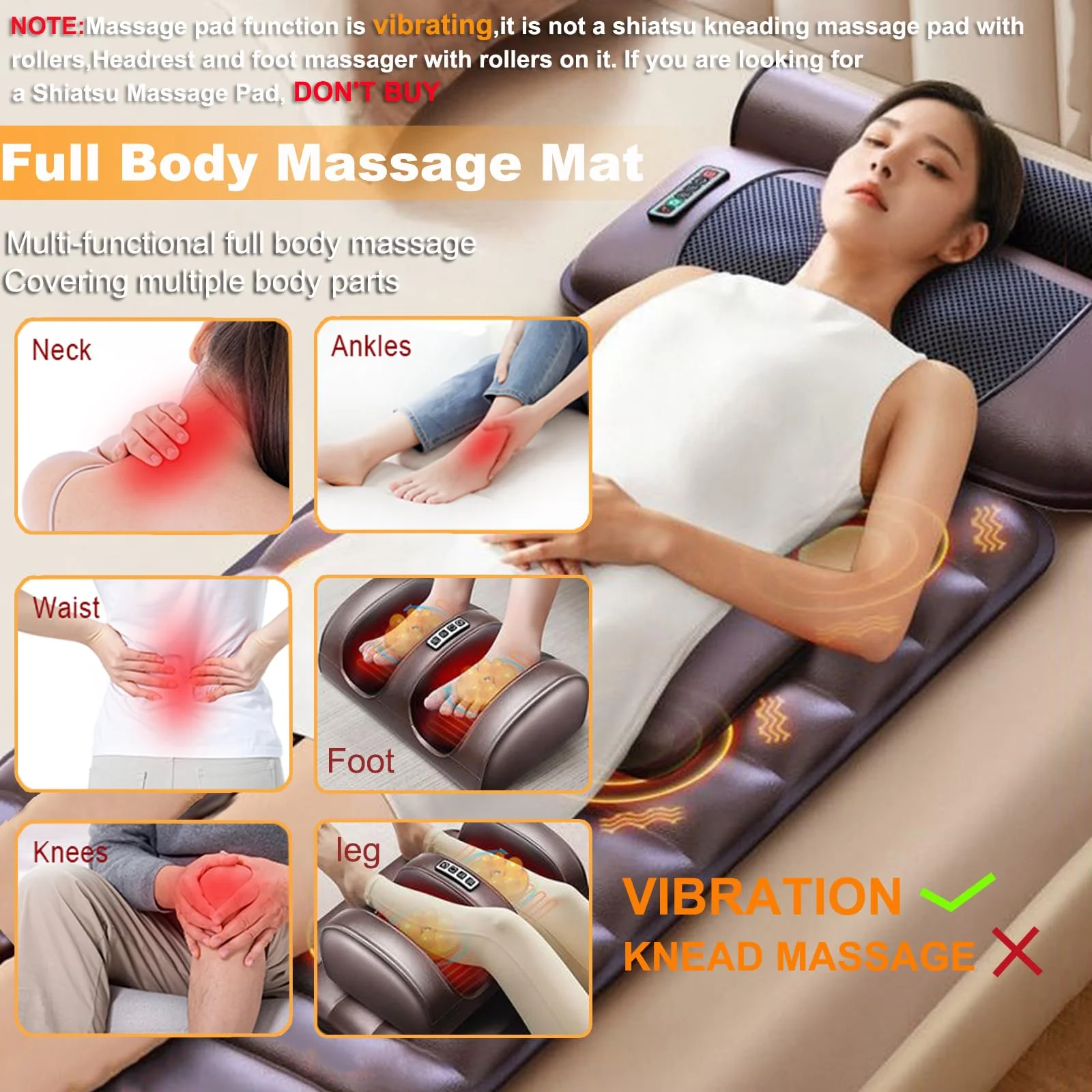 Full Body Massage Mat with Heat, 10 Vibration Nodes Massage Chair Pad 3 Heating Levels, Multifunctional Full Body Relaxation Seat Back Massager with Head Neck Foot Massage Pillow for Home Office