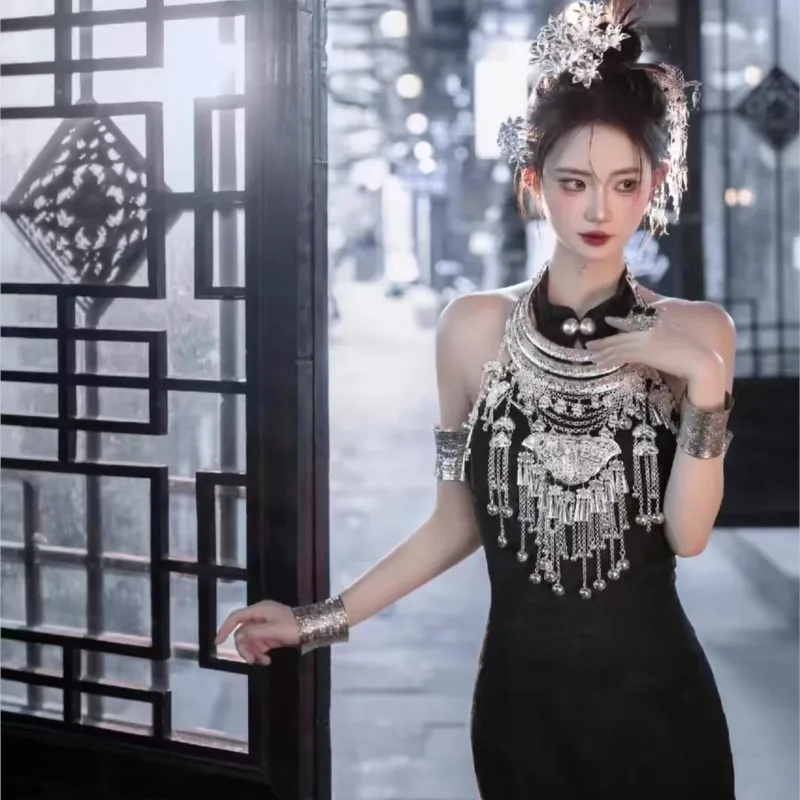 

Miao Jiang Qipao dress black show ethnic style female Dai Tujia