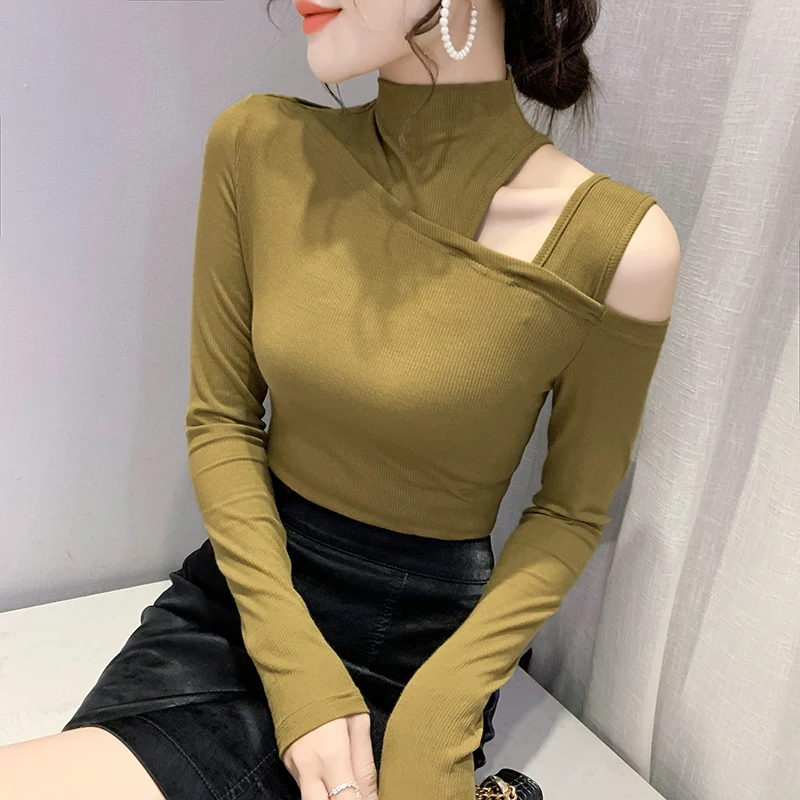 เสื้อยืดแขนยาวเซ็กซี่โชว์ไหล่ทรงเข้ารูป คอสูง สไตล์สตรีทแฟชั่น สำหรับฤดูใบไม้ร่วง หลากสี