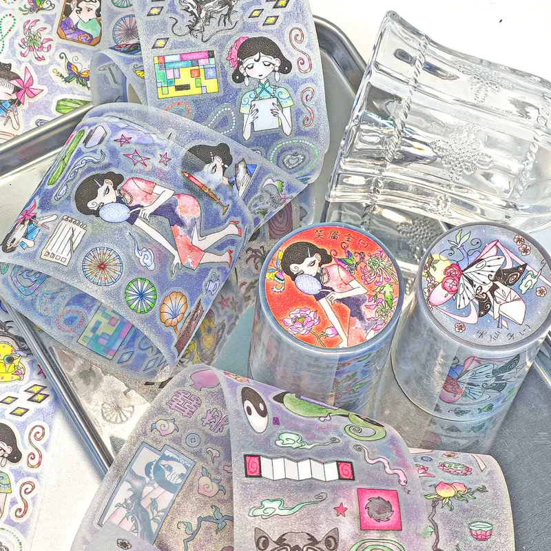 

Запись странных сказок в жизни, высеченные наклейки, ленты, милый мультфильм, сверкающая песочная лента, новые китайские рулоны бумажных наклеек васи