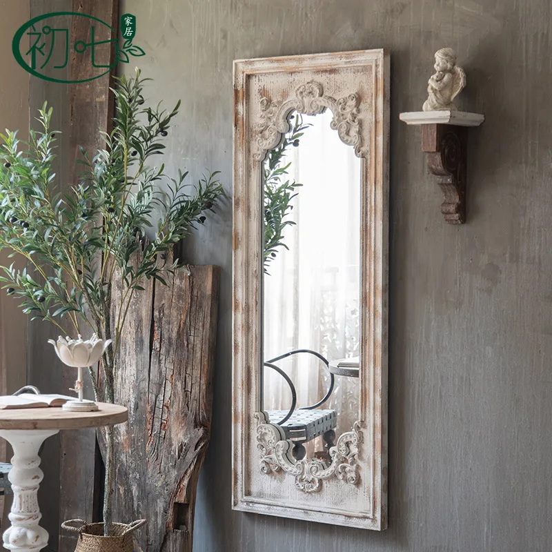 Vintage wooden floor-standing dressing mirror, bedroom fitting mirror, solid wood wall-mounted full-length