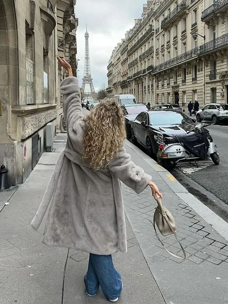 Abrigo largo de piel sintética para mujer, abrigo grueso de un solo pecho con solapa a la moda, ropa de calle cálida para mujer, novedad de invierno, 2024