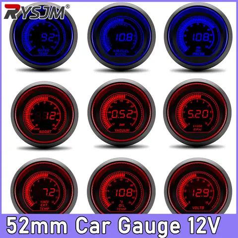 52mm Water Temp/Oil Temp/Oil Press/Voltage/Boost Gauge/Tachometer Gauge Digital Red+Blue LED Backlight Black Case 12V