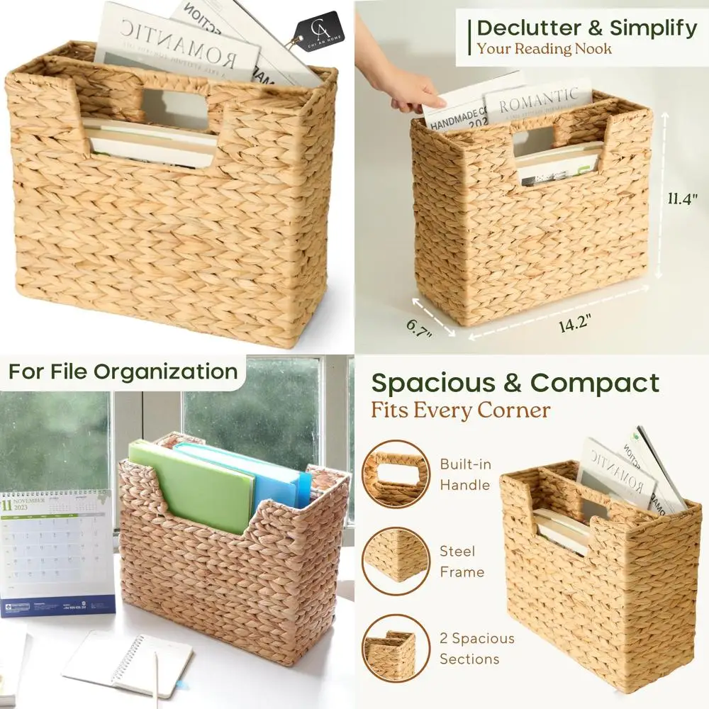 

Wicker Magazine Basket, Handwoven Water Hyacinth Storage Bin & Organizer for Files, Books, Newspapers, Documents, Decorative Sto