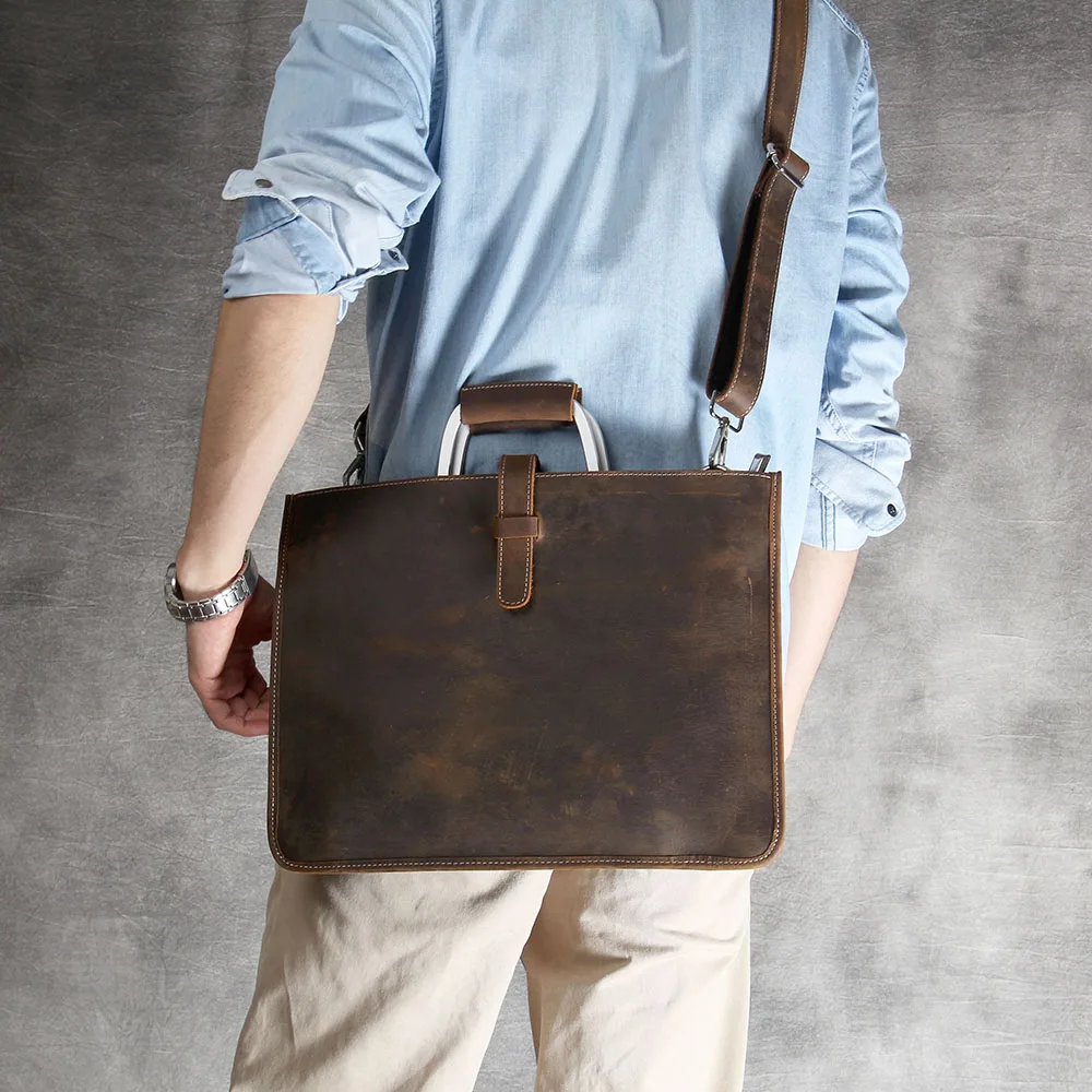 S.WORKER Vintage Echtleder Herren-Aktentasche Laptop-Tasche Einfacher Stil Crazy Horse Leder Schultertasche Italienisches Rindsleder – Detail 4