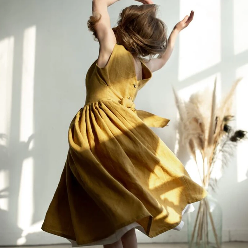 Casual Linen Flowy Pretty Girls Dress Chic New Backless Lace-up Bow Ruched Loose Summer Dresses Sleeveless Kids Sundresses