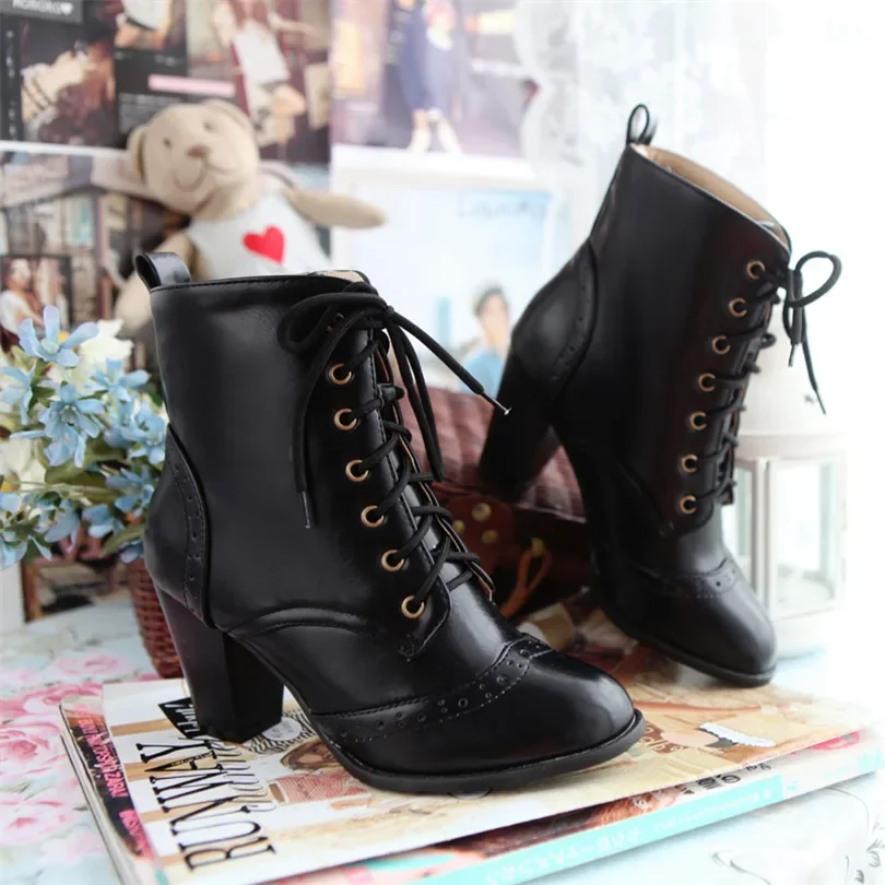 Plus Size Winter Women Ankle Boots Black Brown Black High Block Heels Round Toe Casual Office Ladies Lace Up Vintage Short Boots