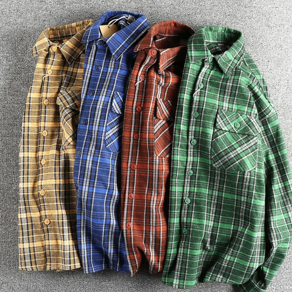 

2024 Autumn/Winter vintage plaid shirt men's loose comfortable casual cargo shirt