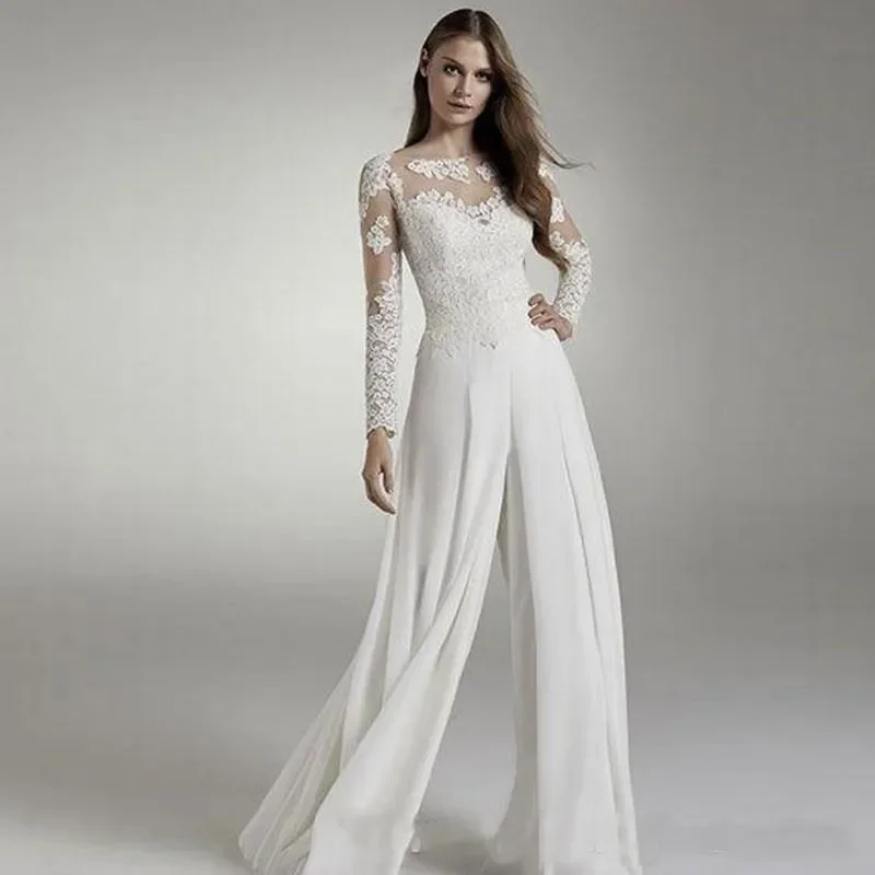 Cheap New Designer Lace Jumpsuits Long Sleeves Jewel Sheer Neck Hollow Back Applique Chiffon Bridal  Wedding Reception Dresses