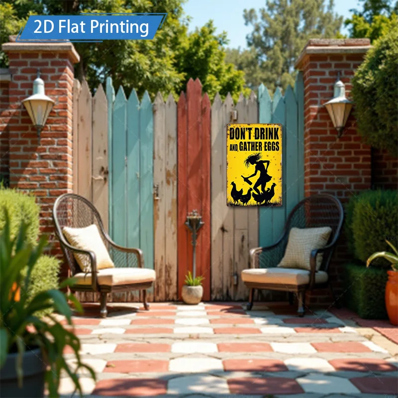 [2D FLAT] علامة معدنية مكونة من قطعة واحدة، علامة مزرعة ريفية مقاس 8 × 12 بوصة "لا تشرب وتجمع البيض" صورة ظلية فنية
