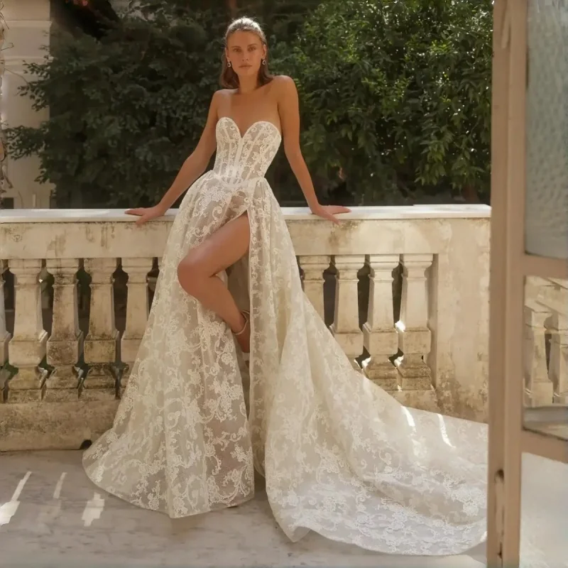 

Strapless Sweetheart Lace A-Line Wedding Dress High Slit Corset Bodice Lace-Up Back Cathedral Train Romantic Bridal Gown Custom