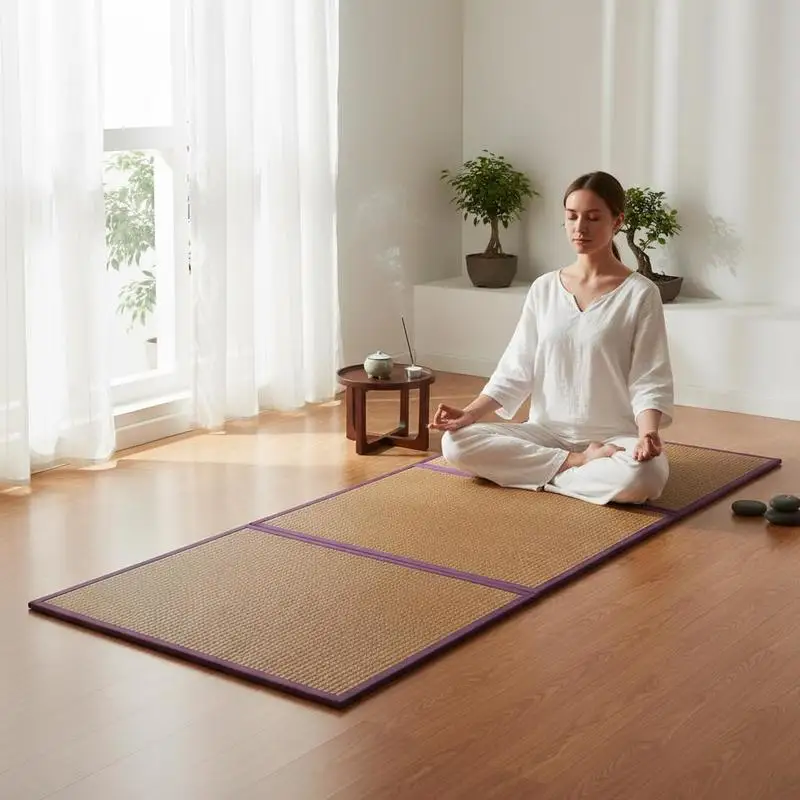 Woven Floor Mattress 80 x 39 in For Meditation Yoga Relaxation, Foldable Natural Rattan Breathable Design Portable Sleeping Surface Traditional Japanese Style