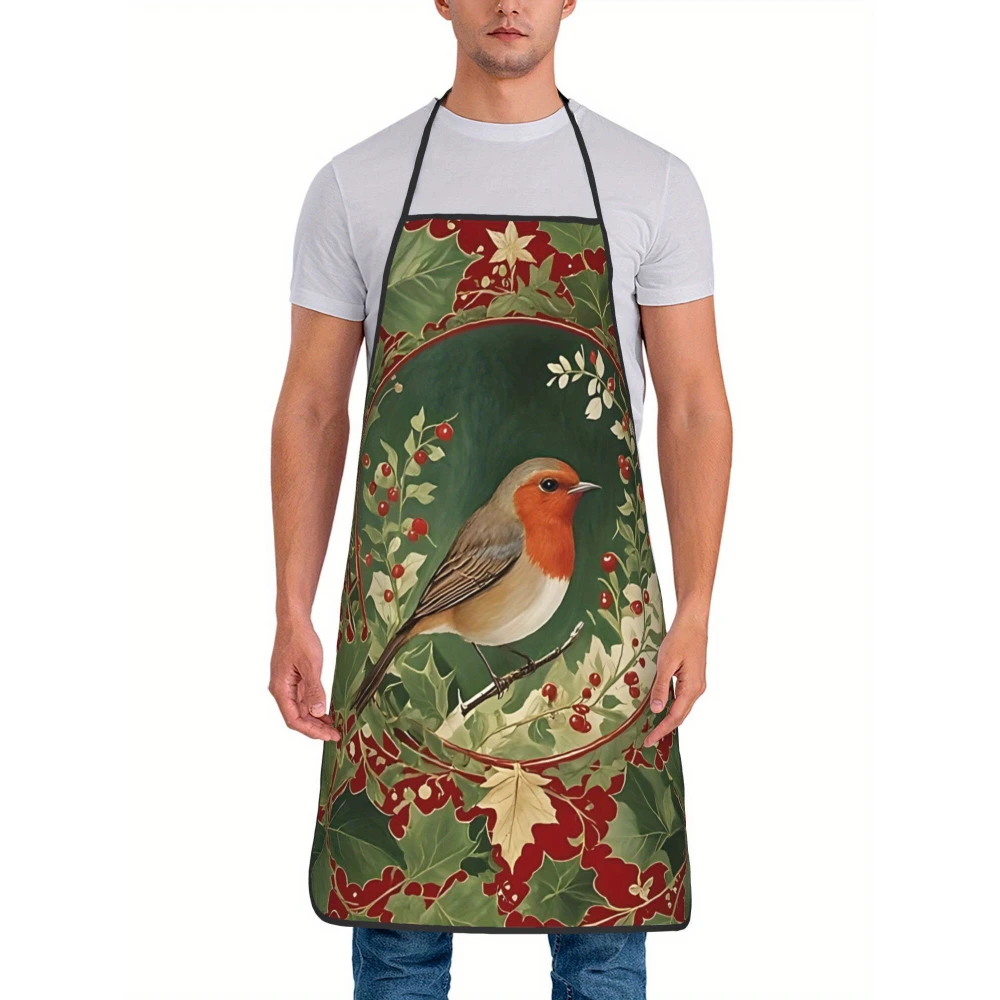 Vintage-Inspired Festive Robin Holly Greeting Card Apron - Adjustable Unisex Cooking & Baking Apron with Colorful Holiday