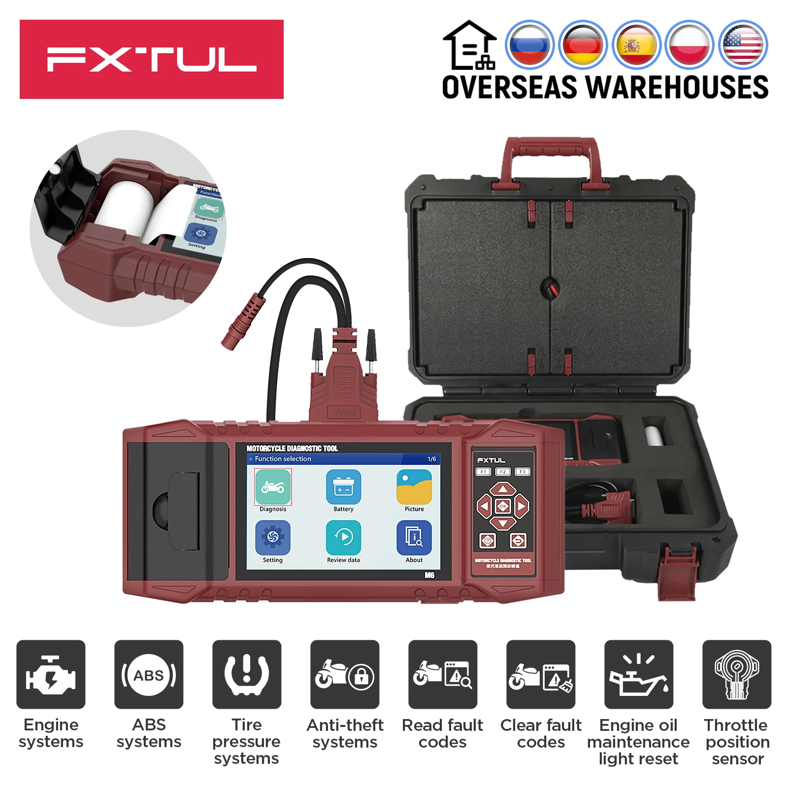 FXTUL M6 Motorcycle Diagnostic Scanner Clear Fault Code CO Idle Speed ECU Reset TPS ABS Anti-theft Systems for BMW Ducati Harley