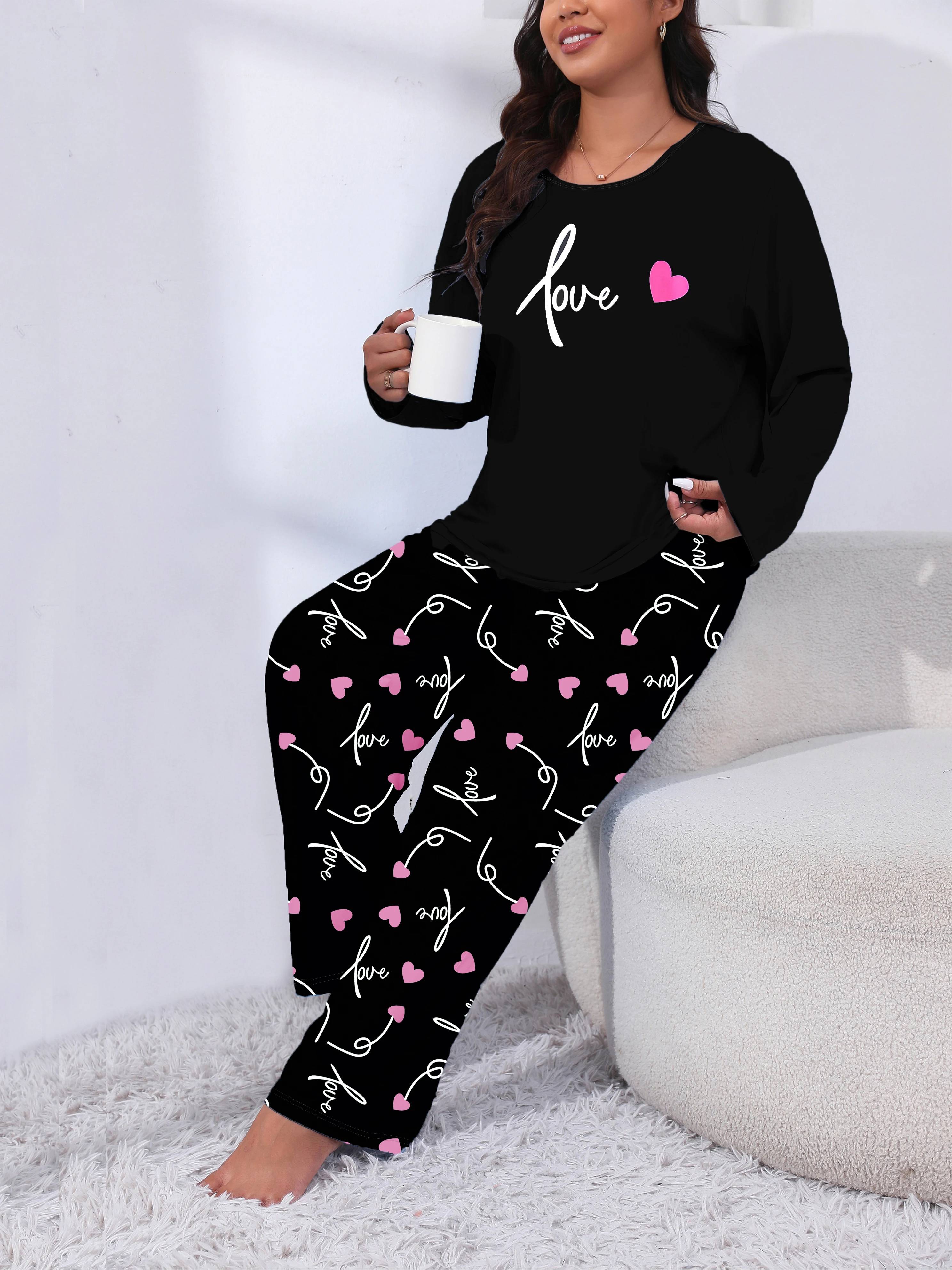 Pyjamas for Women\'s Sleepwear Long Sleeve Shirt with Pants Set &Quality Heart Print Top and Trousers  Autumn Sleepwear