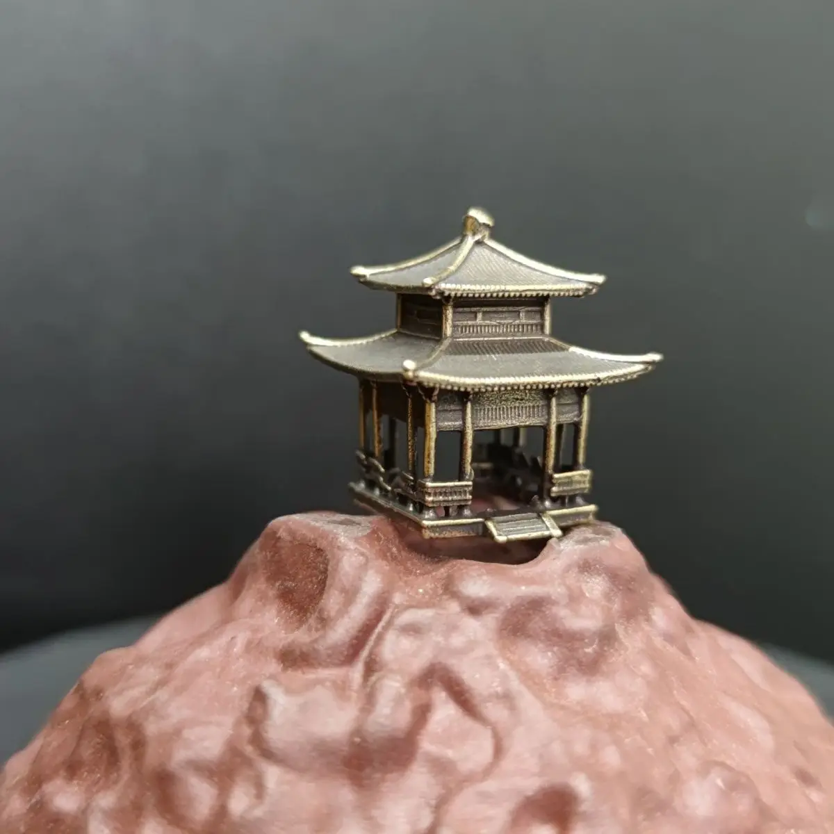 Brass Bonsai Micro Landscape, Rockery Fish Tank, Small Decoration, Chinese Ancient Architecture Model, Study Pavilion