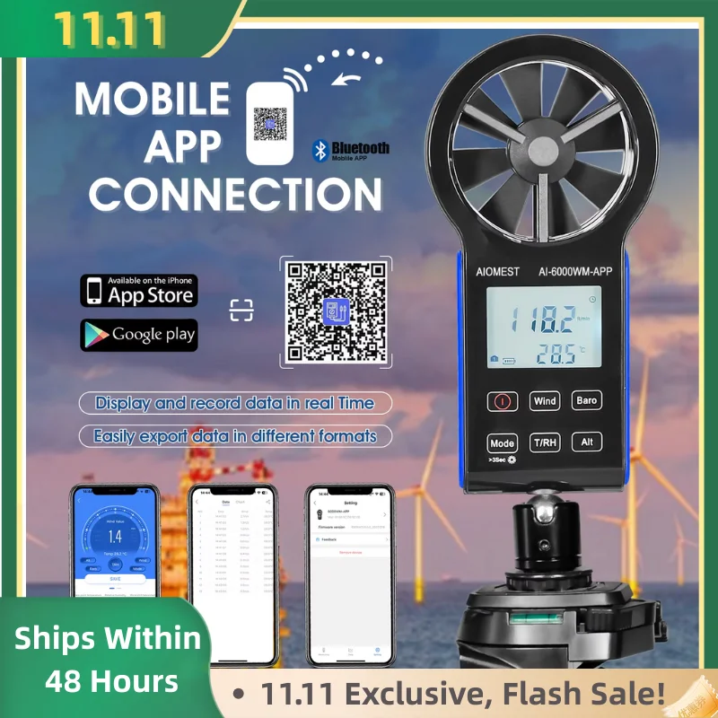 

Handheld Wind Speed Meter Bluetooth Anemometer with Atmospheric Pressure, Temperature, RH, Dew Point, and Wind Chill Measure