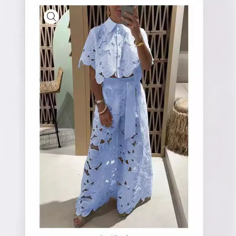 Retro Embroidery Temperament Suit OL Casual Flip Collar Commuter Outfit Fashion Hollow Out Short Sleeve Tops&Wide Leg Pants Suit