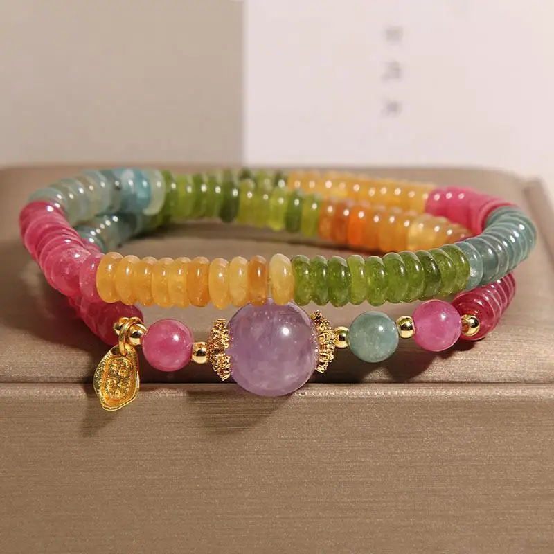 

Натуральный красочный турмалин-счеты из бисера для женщин, легкий роскошный нишевый браслет, изысканный, привлекающий богатство, двойной круг