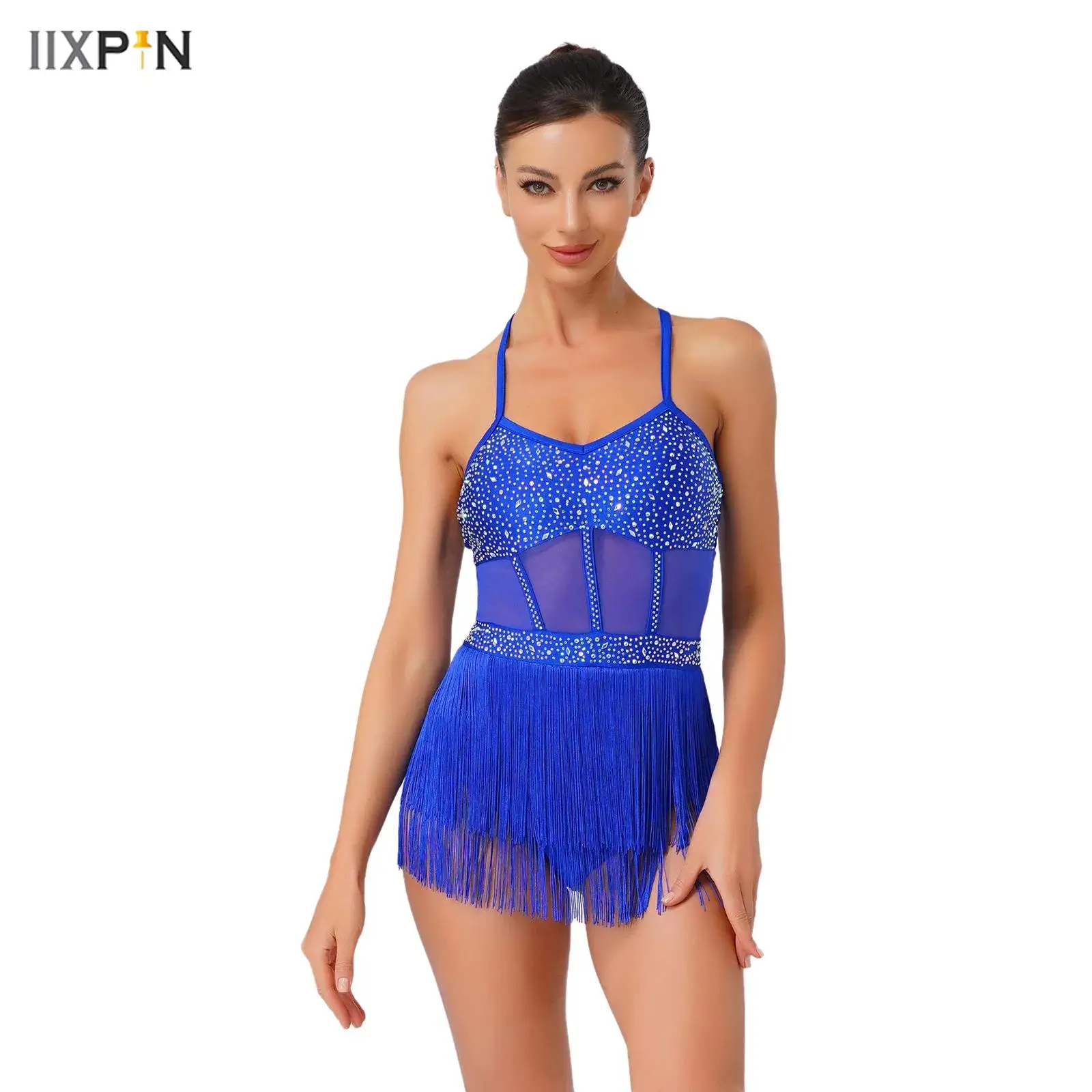 Womens Rhinestone Latin Tango Dance Leotard Dress Sheer Mesh Patchwork Tiered Tassel Fringe One Piece Bodysuit Dress Dancewear