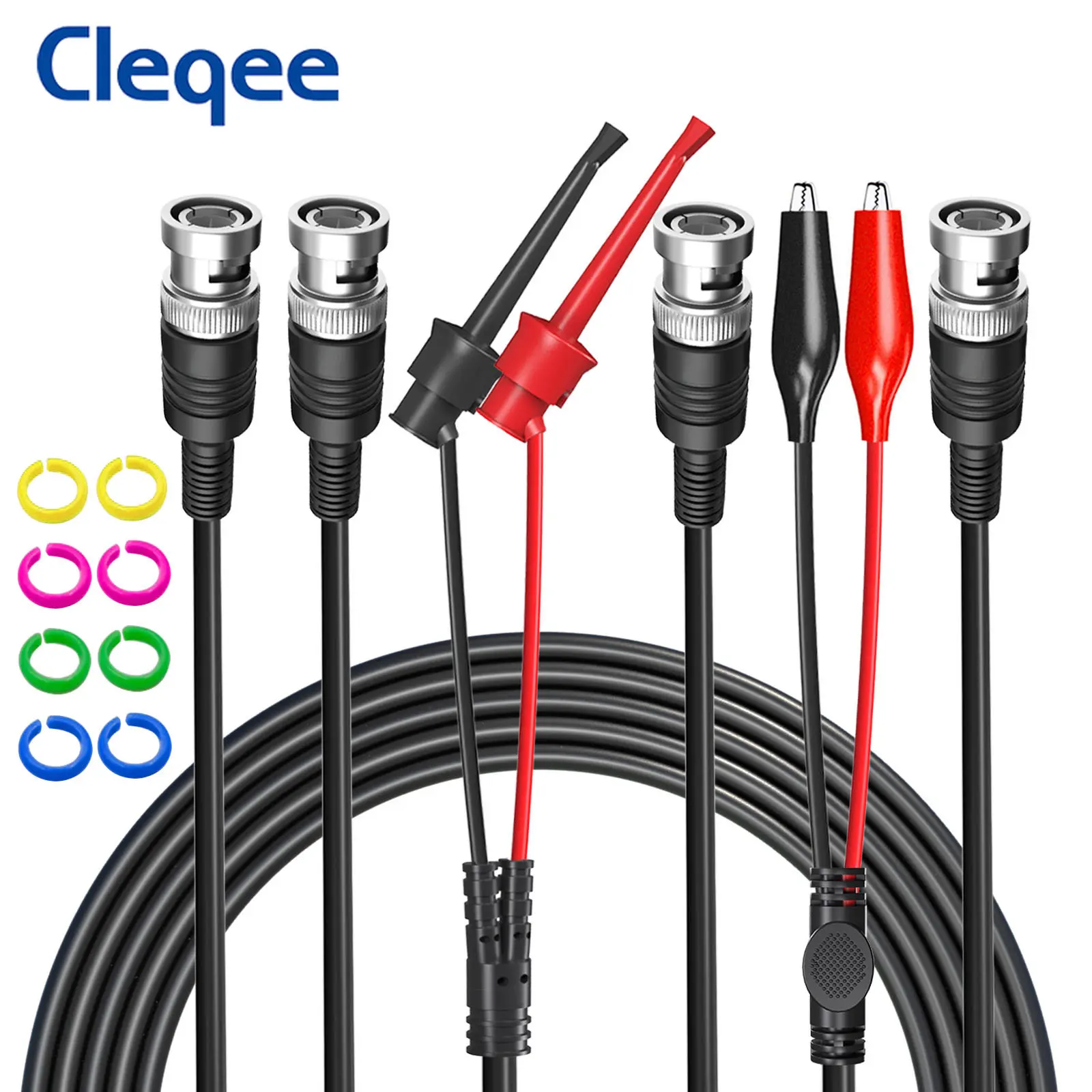 

Cleqee P1260 3 шт./компл. Комплект тестовых проводов коаксиального кабеля BNC — BNC, зажимы типа «крокодил» и тестовый зажим с цветными кольцами