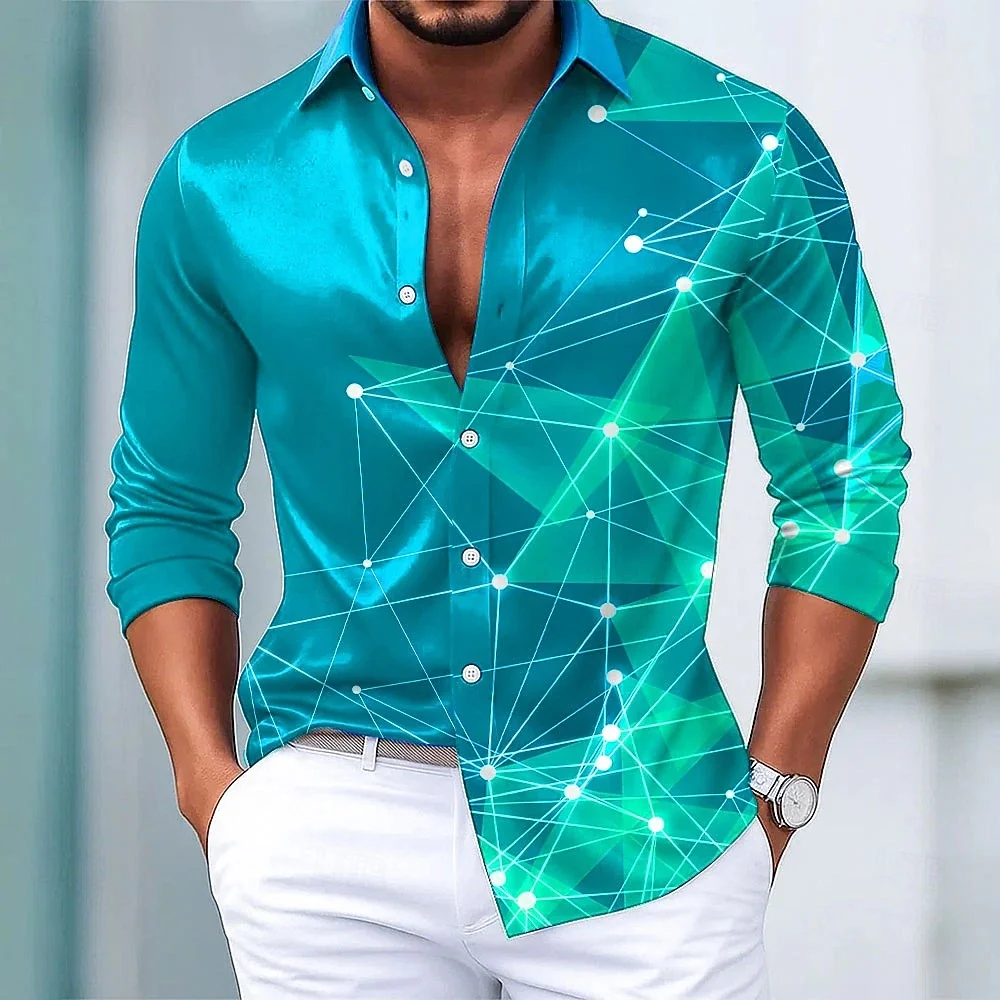 Camisa masculina de manga comprida com estampa geométrica gradiente, lapela de designer elegante com botão para férias de lazer ao ar livre