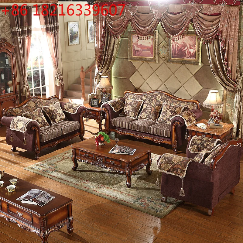 

Европейский тканевый диван из массива дерева, резная американская маленькая квартира, гостиная, домашняя комбинация, бревенчатый цвет