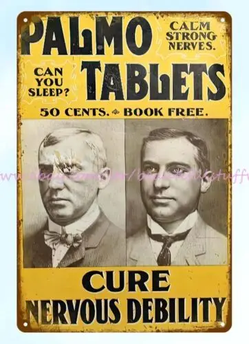 Early PALMO Tablets cure nervous debility metal tin sign advertising wall art