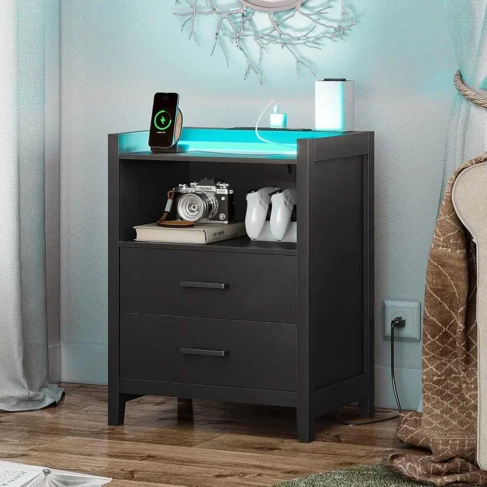 

Nightstands Set of 2, Black Night Stand with Charging Station and 2 Drawers, Wood End Side Table with USB Ports, Bedside Table